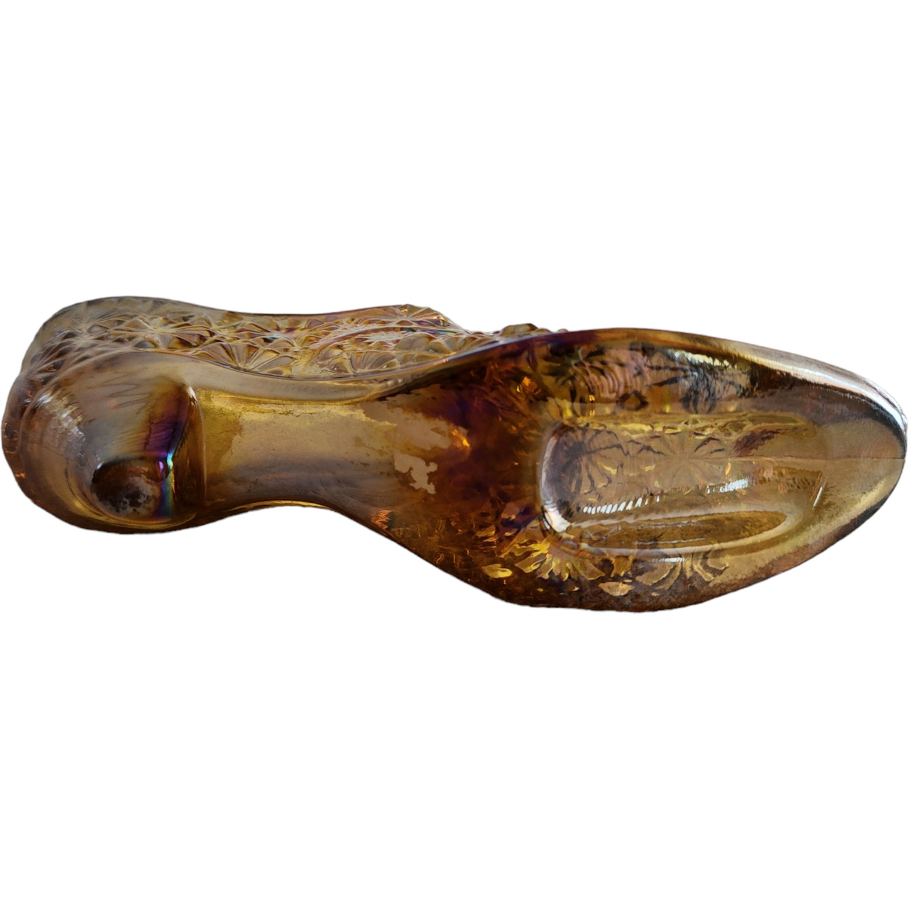 L.E. Smith Amber Gold Daisy & Button Carnival Glass Slipper Vase
