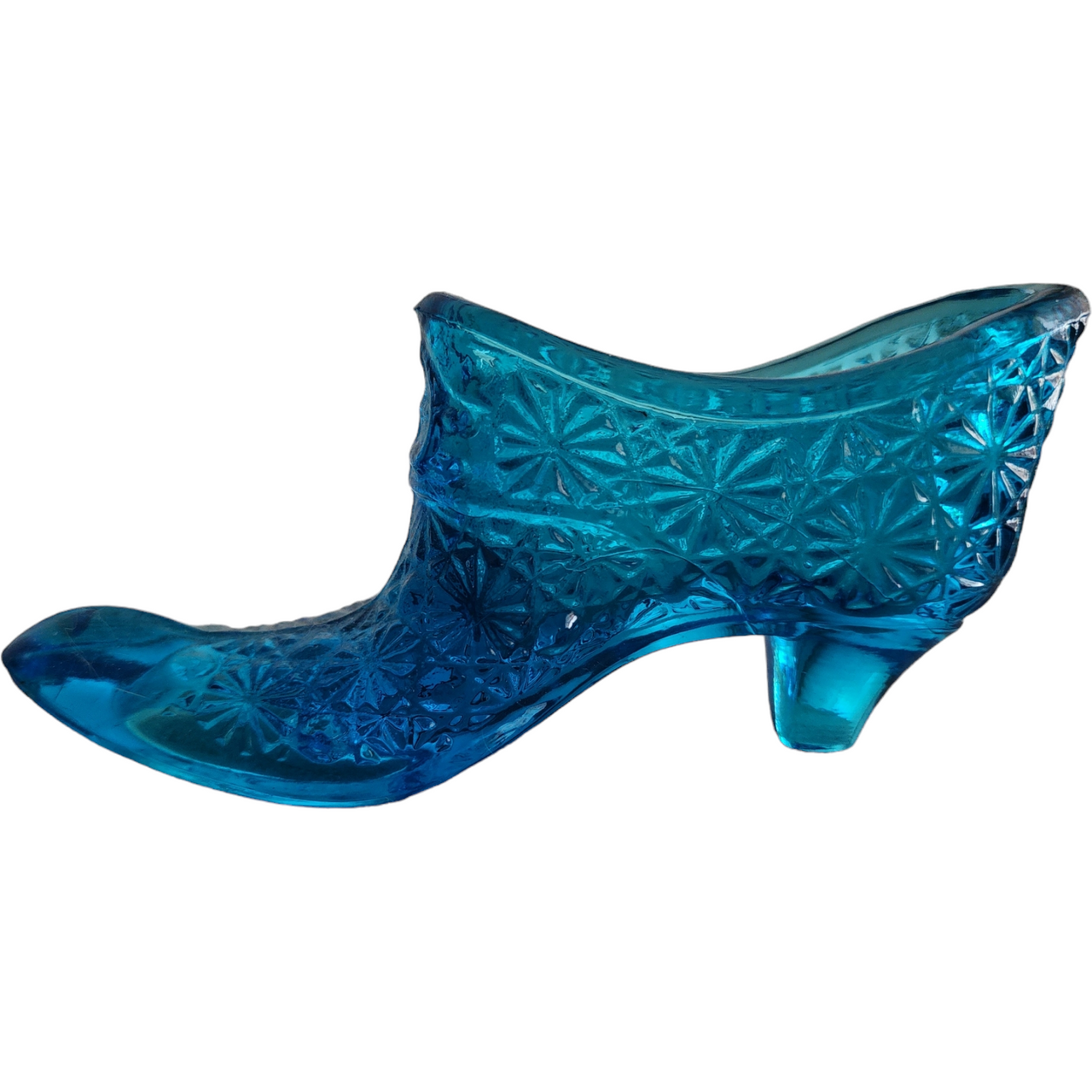 L.E. Smith Colonial Blue Daisy & Button Glass Slipper Vase