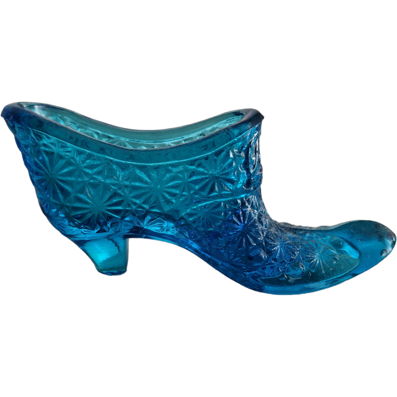 L.E. Smith Colonial Blue Daisy & Button Glass Slipper Vase
