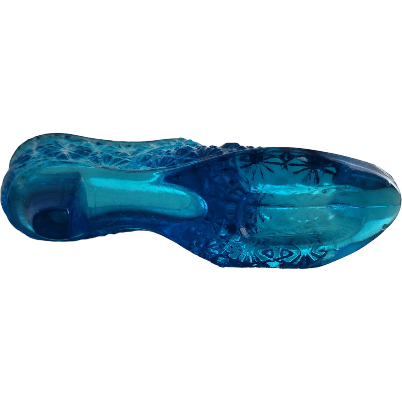 L.E. Smith Colonial Blue Daisy & Button Glass Slipper Vase