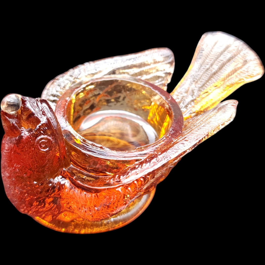 L.G. Wright Glass Bird with Berry Amber Open Salt Dip
