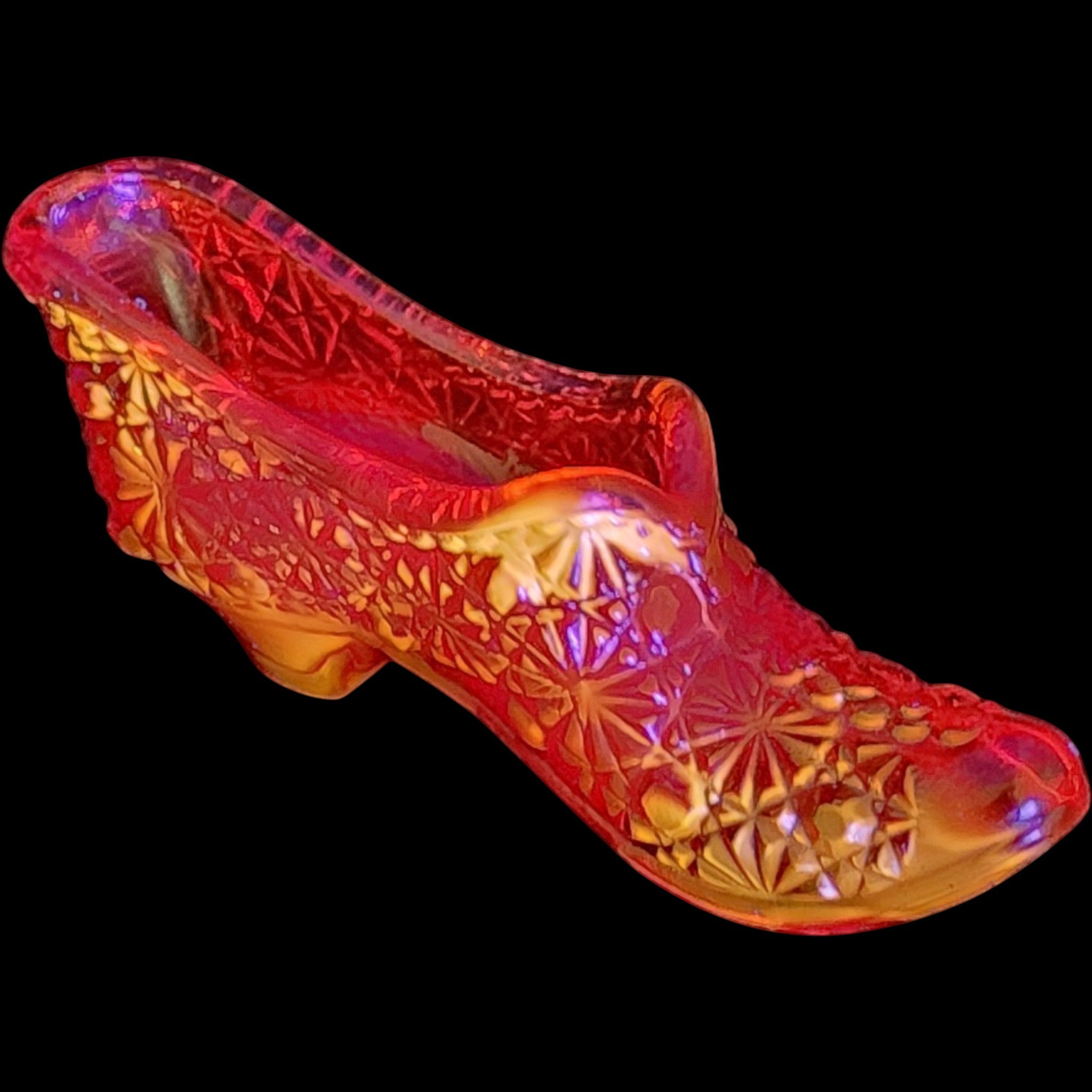 L.G. Wright Ruby Amberina Glass Slipper Shoe Daisy and Button Pattern