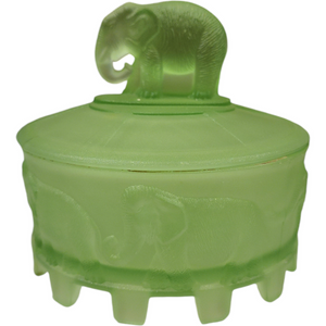 LE Smith Uranium Vaseline Glass Elephant Carousel Covered Dish