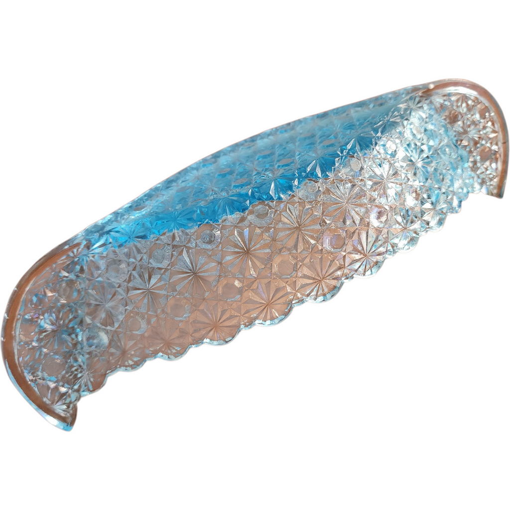 L G Wright Glass Daisy and Button Blue Canoe Shape Bowl