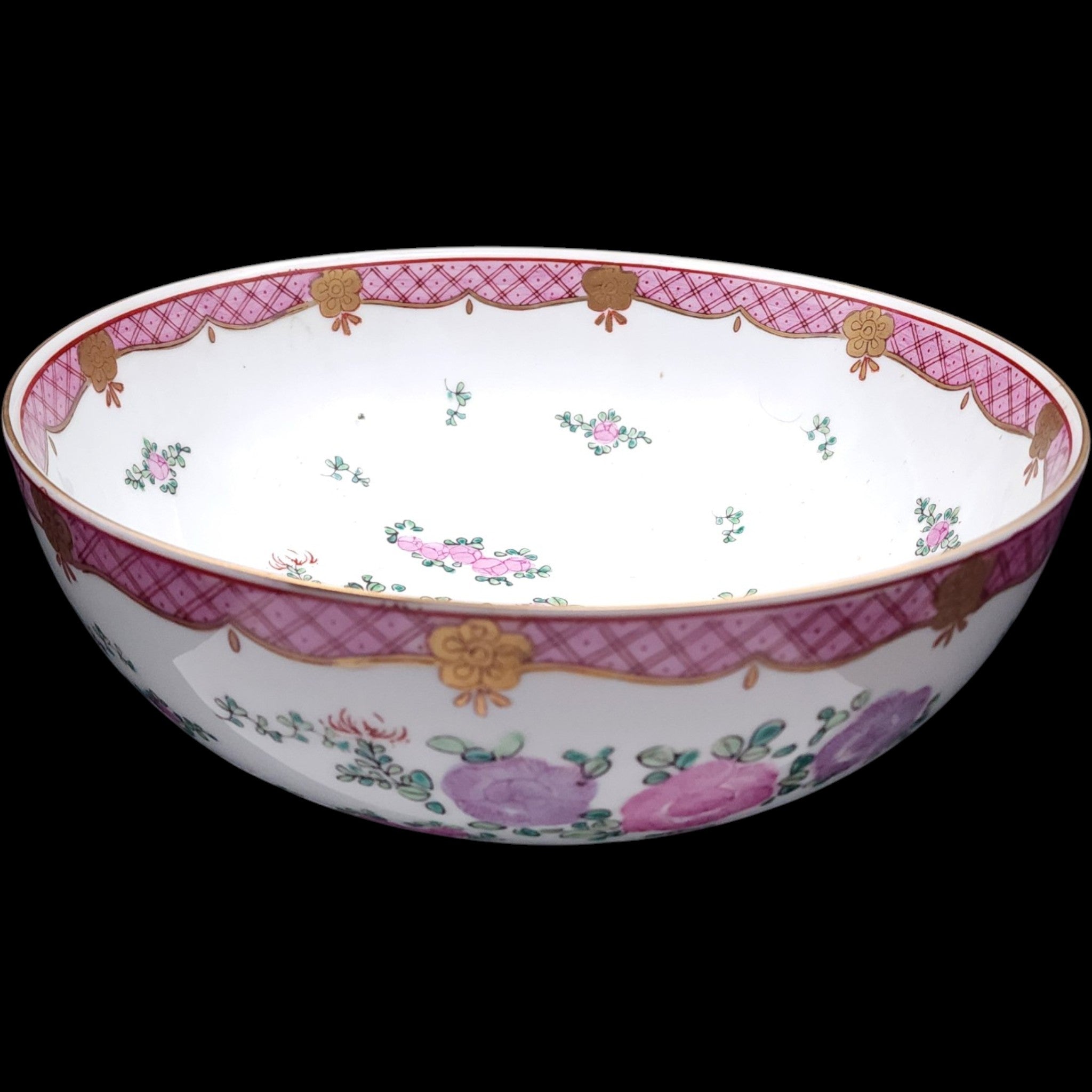 Large Vintage Chinese Famille Rose Pink Floral Hand-Painted Porcelain Bowl