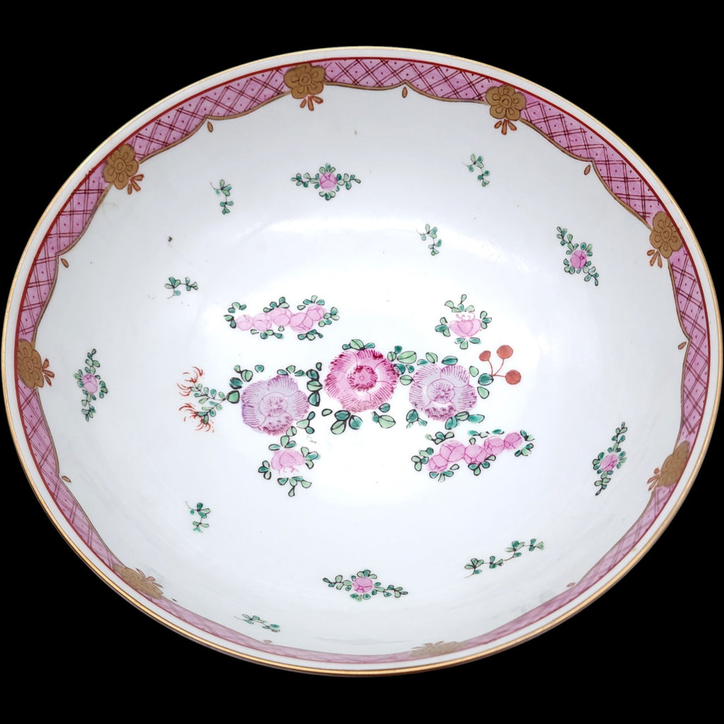 Large Vintage Chinese Famille Rose Pink Floral Hand-Painted Porcelain Bowl