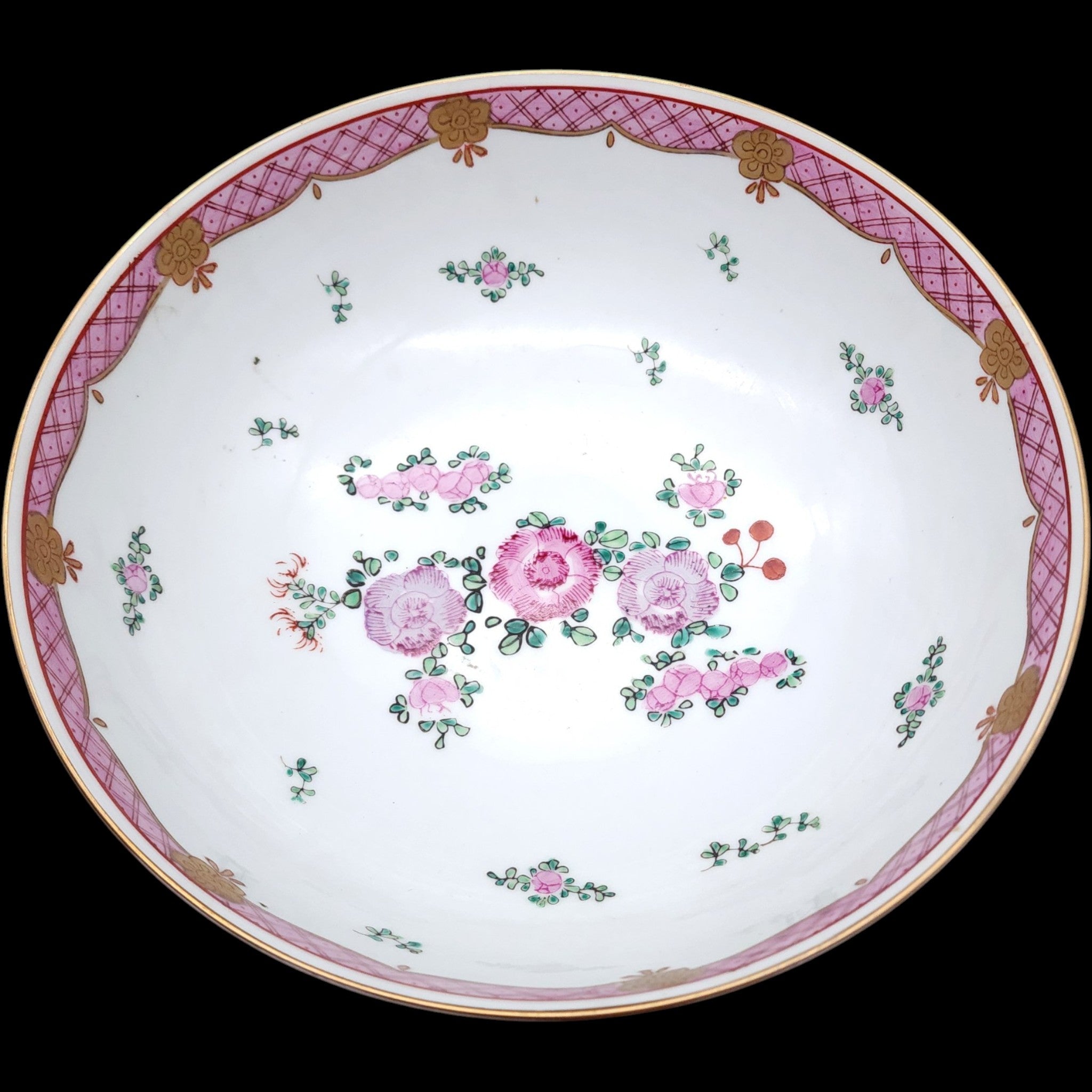 Large Vintage Chinese Famille Rose Pink Floral Hand-Painted Porcelain Bowl