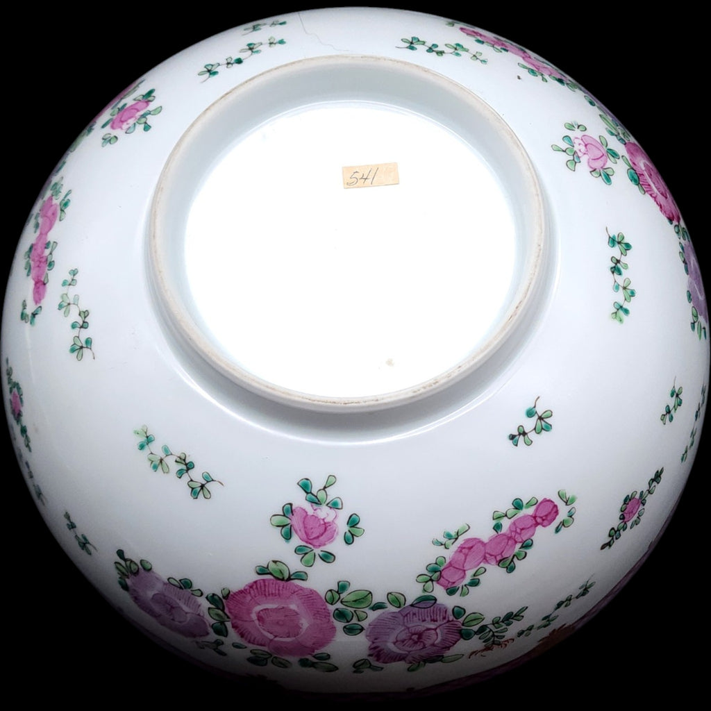 Large Vintage Chinese Famille Rose Pink Floral Hand-Painted Porcelain Bowl