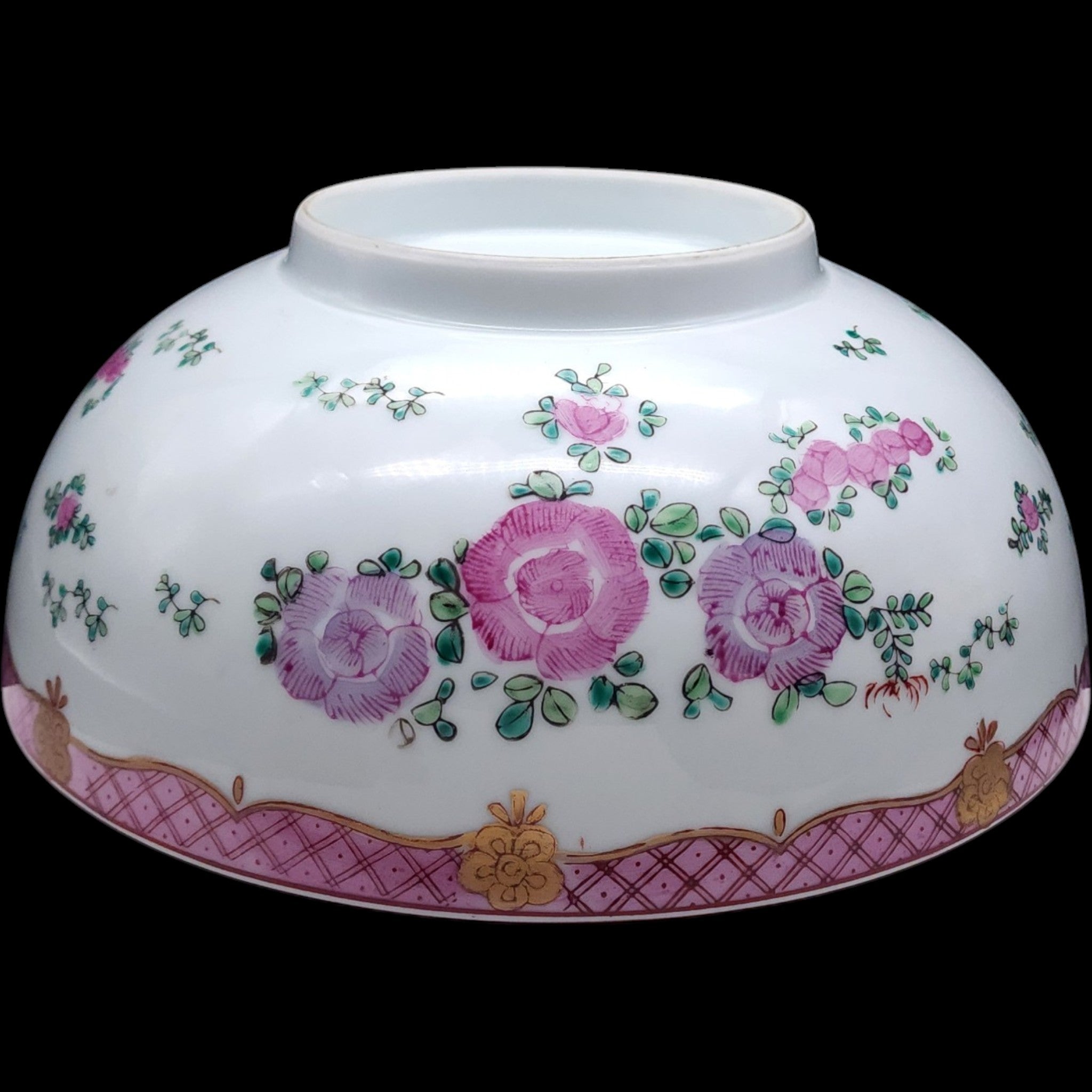 Large Vintage Chinese Famille Rose Pink Floral Hand-Painted Porcelain Bowl
