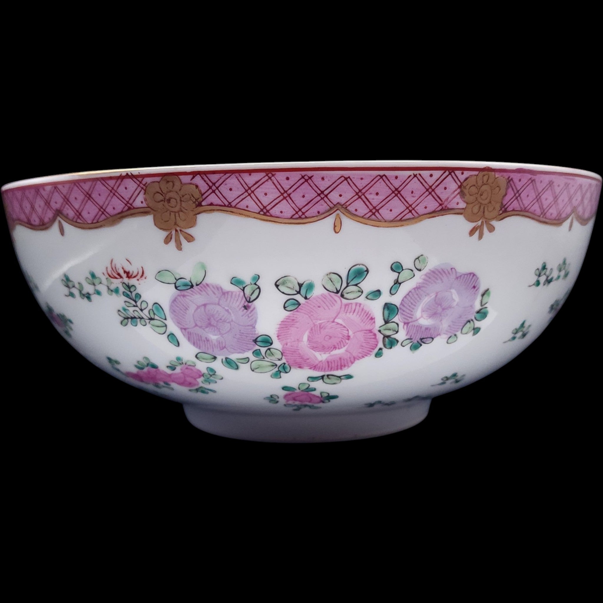 Large Vintage Chinese Famille Rose Pink Floral Hand-Painted Porcelain Bowl