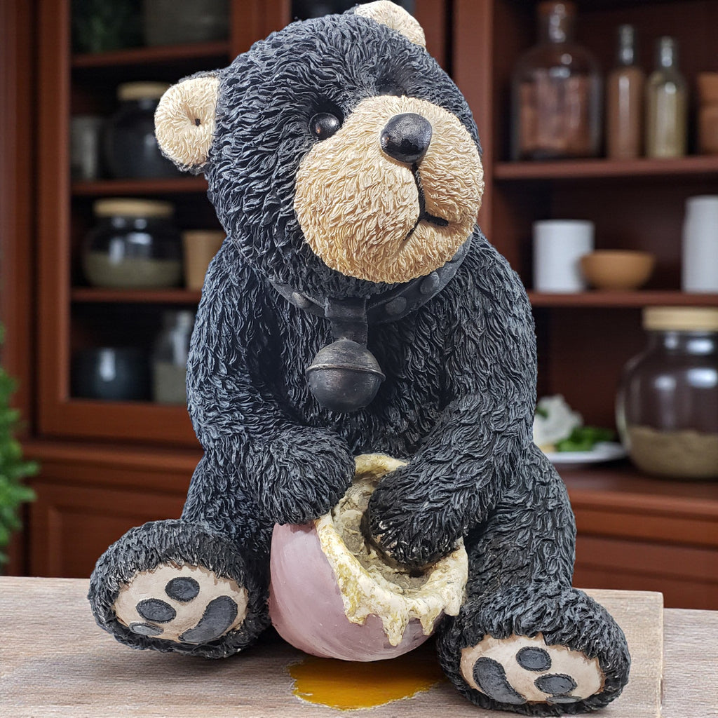 Large Black Bear Resin Figurine with Honey Pot – Rustic Lodge Cabin Decor, Woodland Animal Sculpture