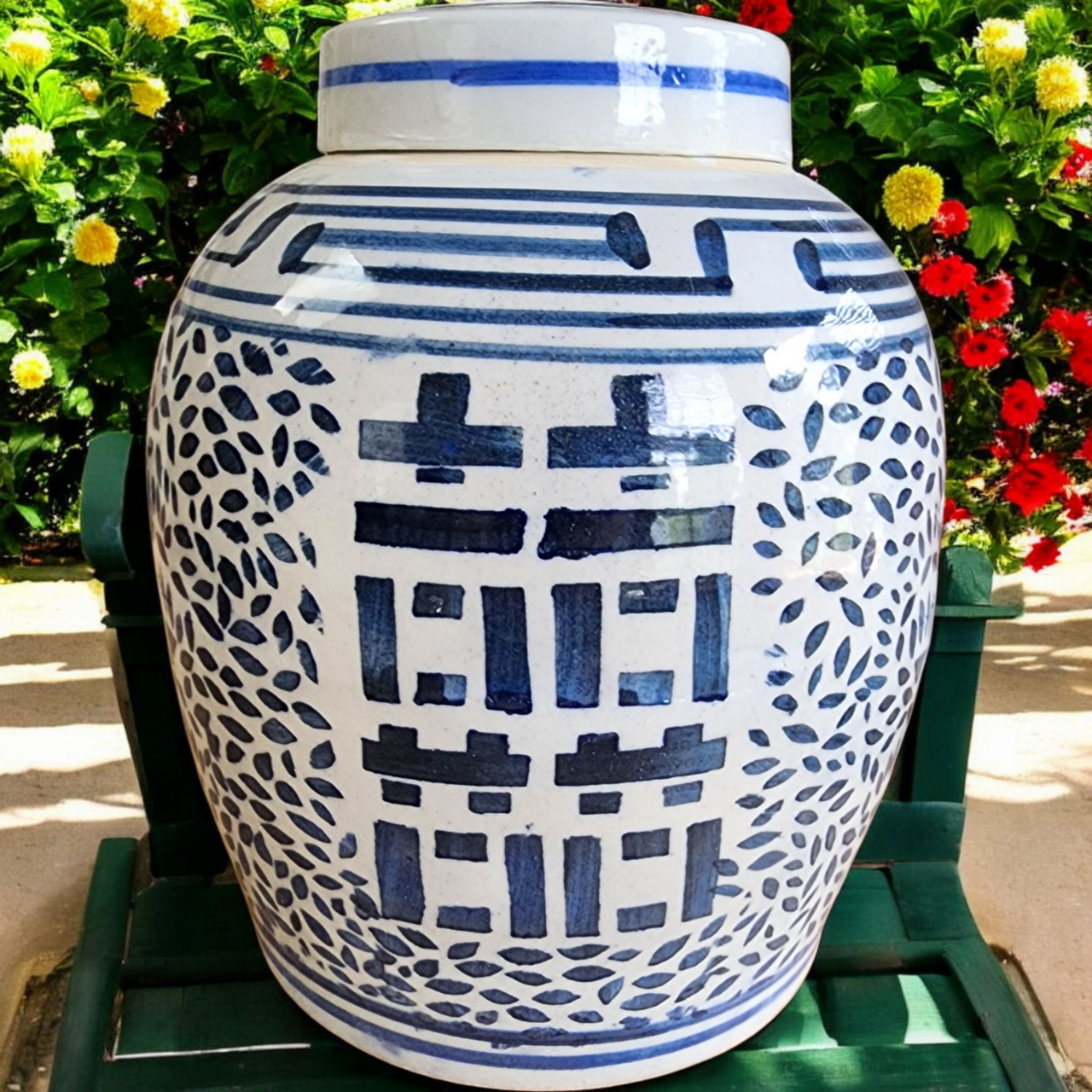 Vintage Chinese Double Happiness Ginger Jar Blue & White Porcelain Lidded Jar Marriage Symbol  Lid Chip