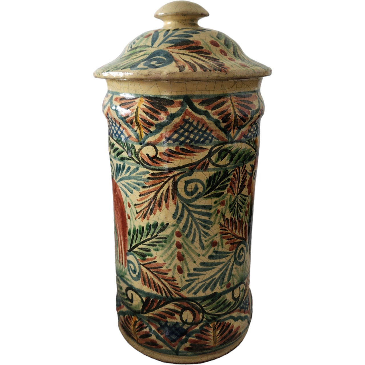 Large Mexican Folk Art Rooster Majolica Lidded Pottery Jar Signed