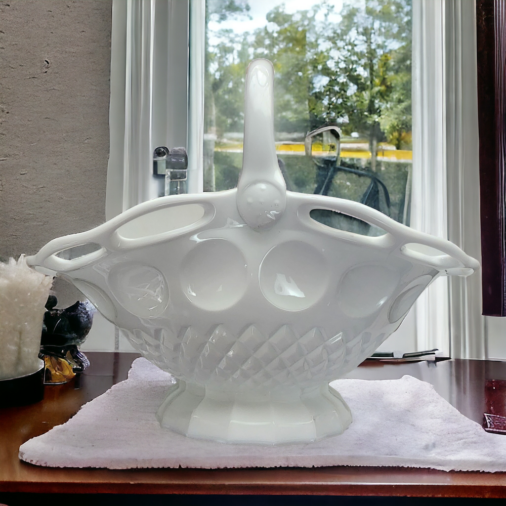 Large Milk Glass Waffle Pattern Lacey Edge Fruit Basket Centerpiece