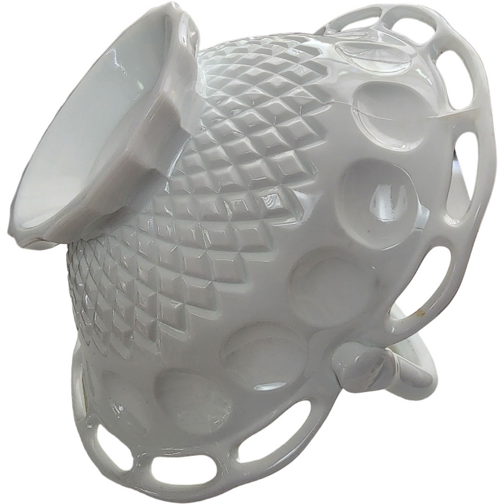 Large Milk Glass Waffle Pattern Lacey Edge Fruit Basket Centerpiece