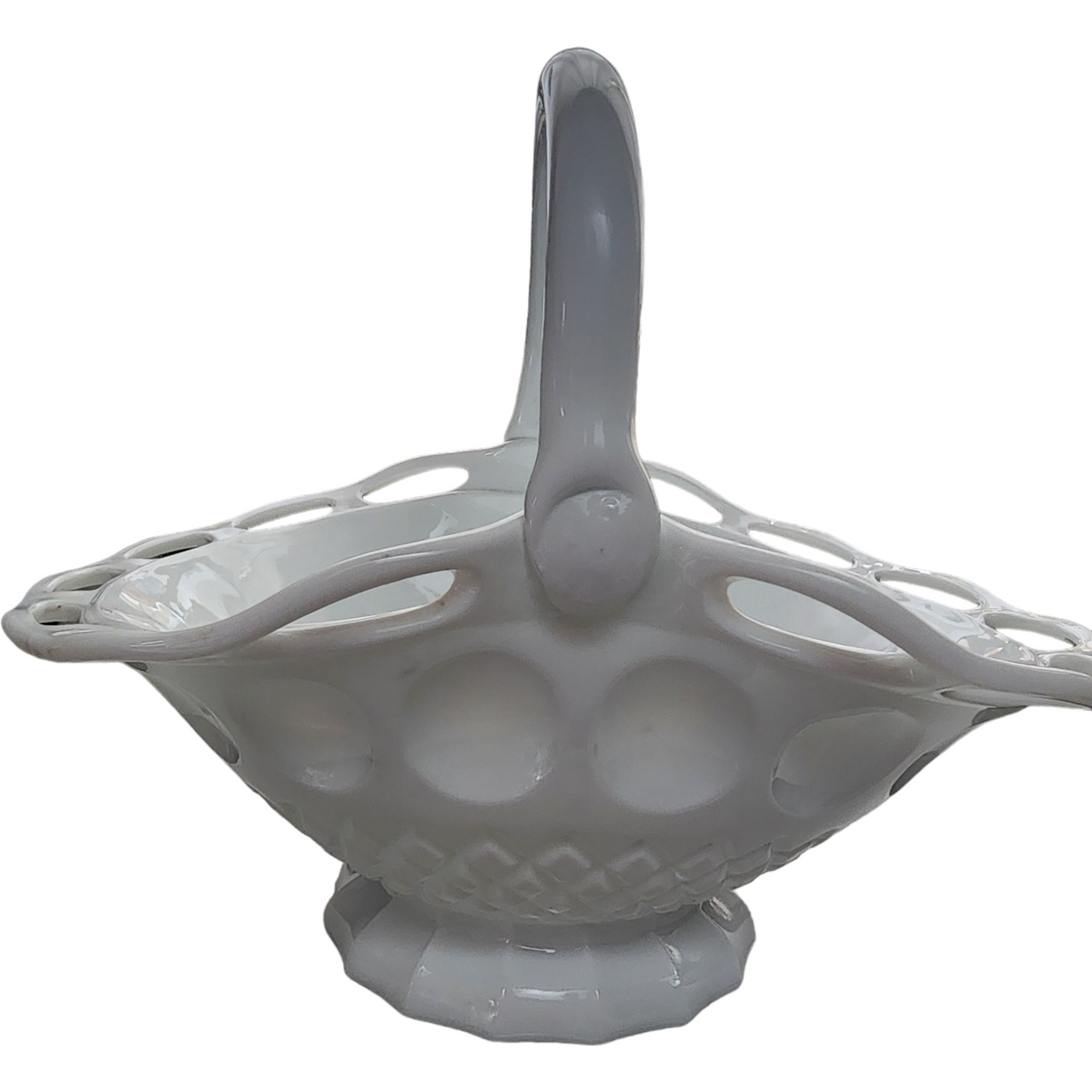 Large Milk Glass Waffle Pattern Lacey Edge Fruit Basket Centerpiece