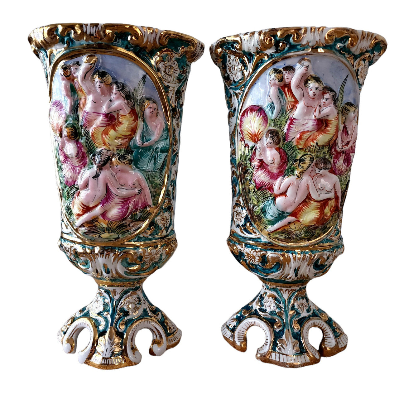 Late 19th Century CAPODIMONTE Porcelain Pedestal Base Vase-A Pair