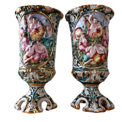 Late 19th Century CAPODIMONTE Porcelain Pedestal Base Vase-A Pair