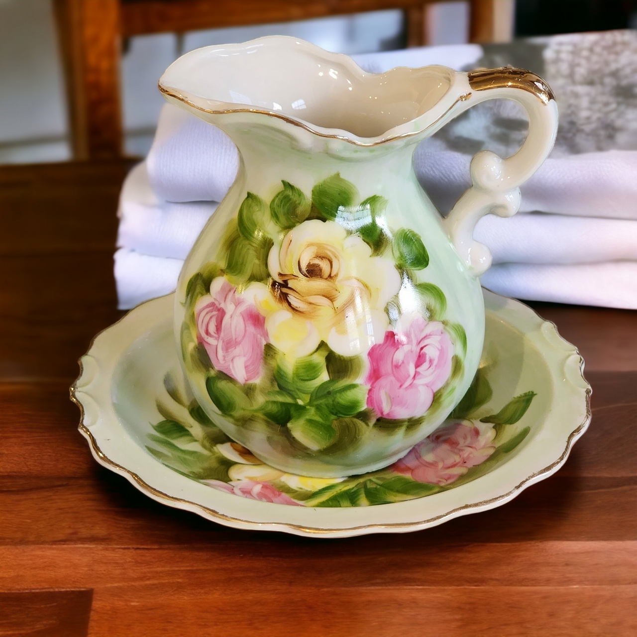 Lefton Heritage Green Pink Roses Green Background Gold Trim 20 Oz Pitcher and Bowl Set