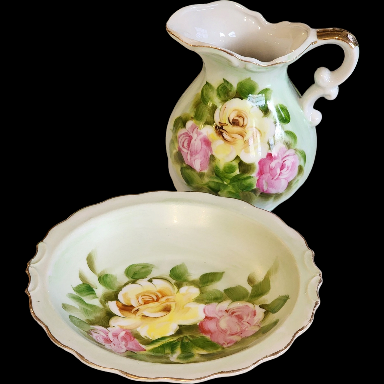 Lefton Heritage Green Pink Roses Green Background Gold Trim 20 Oz Pitcher and Bowl Set