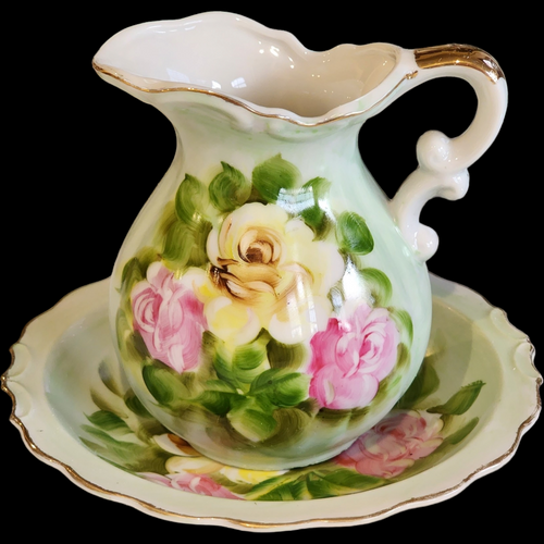 Lefton Heritage Green Pink Roses Green Background Gold Trim 20 Oz Pitcher and Bowl Set