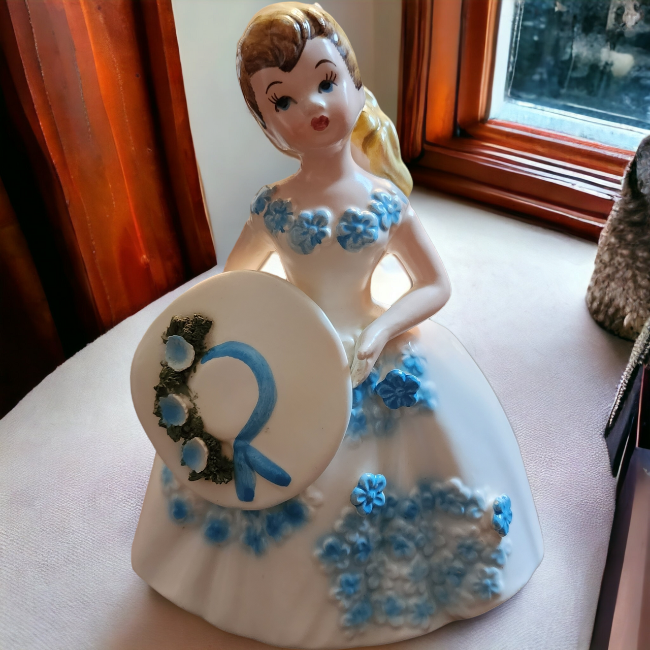 Lefton Ponytail Teenager Figurine Blue Flowered Dress Planter