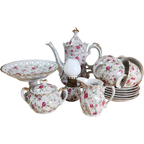 Lefton Rose Chintz Porcelain Tea Set with Gold Trim Vintage CoffeeTea Service