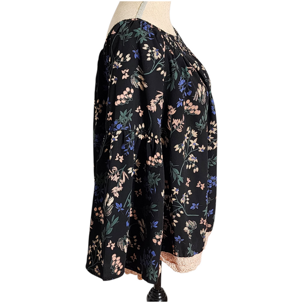 Liatelo Black Boho Floral Off-Shoulder Peasant Blouse with Bell Sleeves & Crochet Hem | Size L