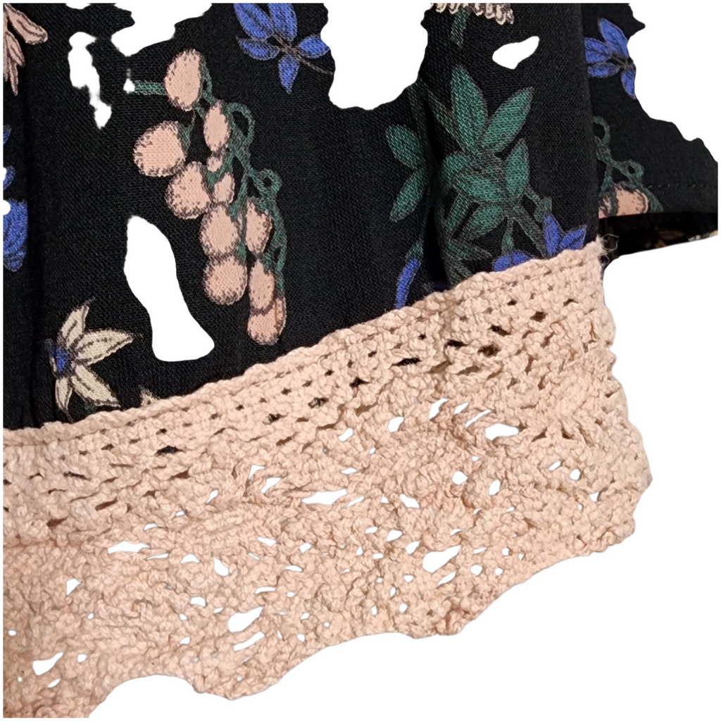 Liatelo Black Boho Floral Off-Shoulder Peasant Blouse with Bell Sleeves & Crochet Hem | Size L
