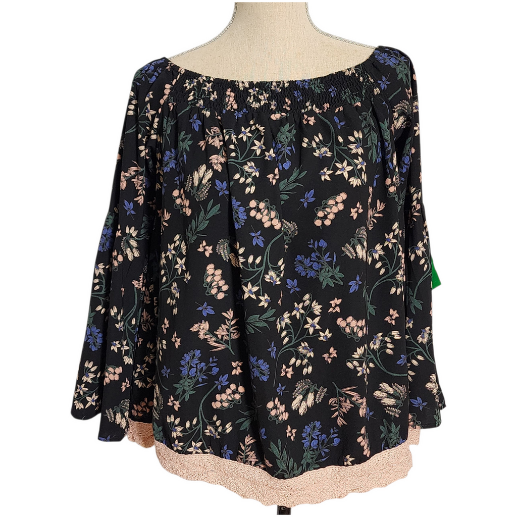 Liatelo Black Boho Floral Off-Shoulder Peasant Blouse with Bell Sleeves & Crochet Hem | Size L