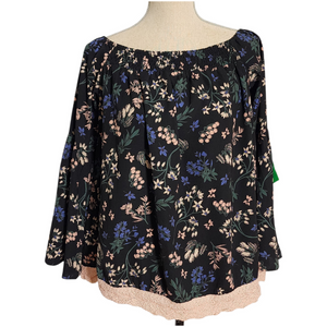 Liatelo Black Boho Floral Off-Shoulder Peasant Blouse with Bell Sleeves & Crochet Hem | Size L