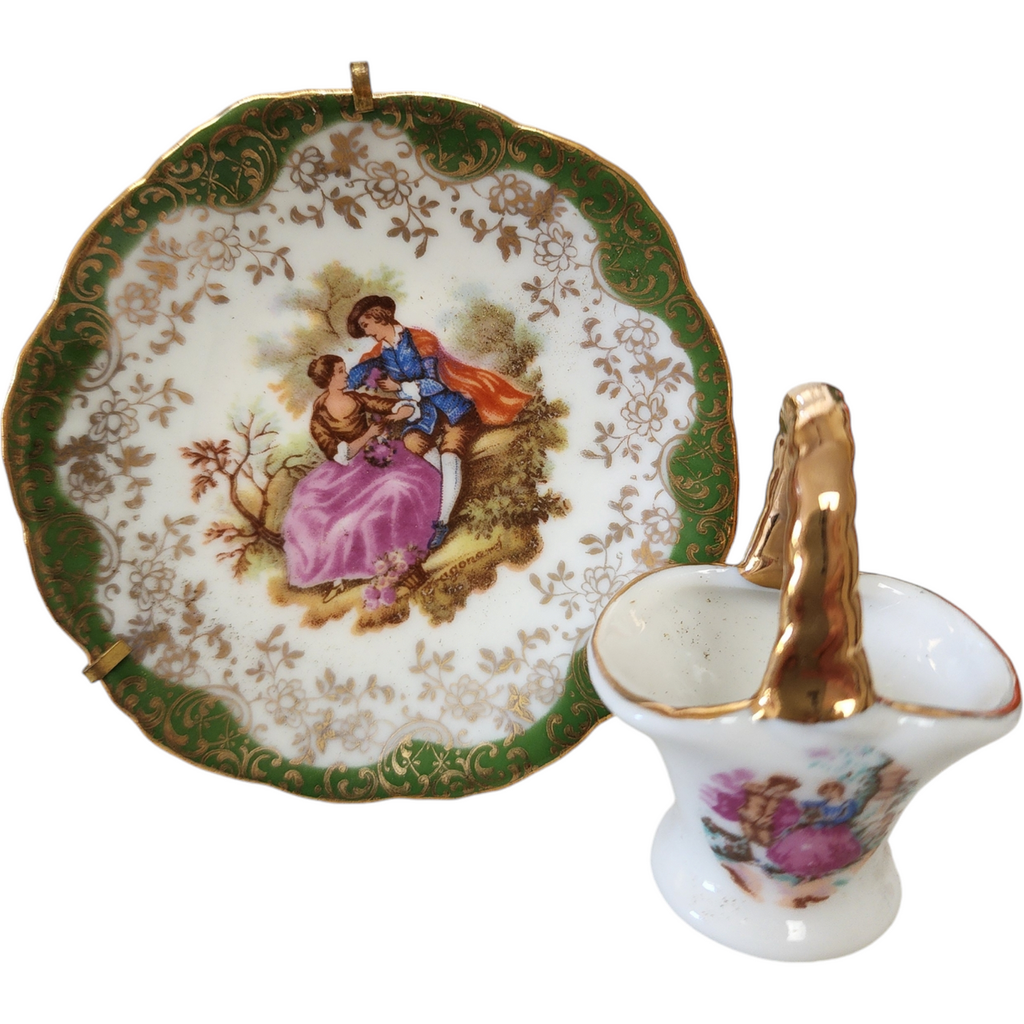Limoges France Porcelain Hand Paint Romantic Scene Miniature Plate and Basket