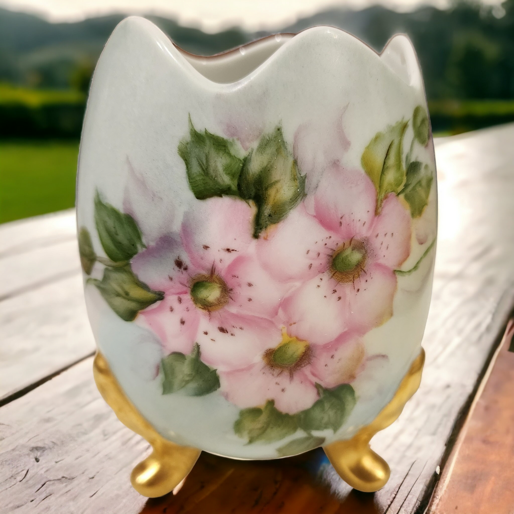 5" Limoges Hand Painted Cracked Egg Footed Vase