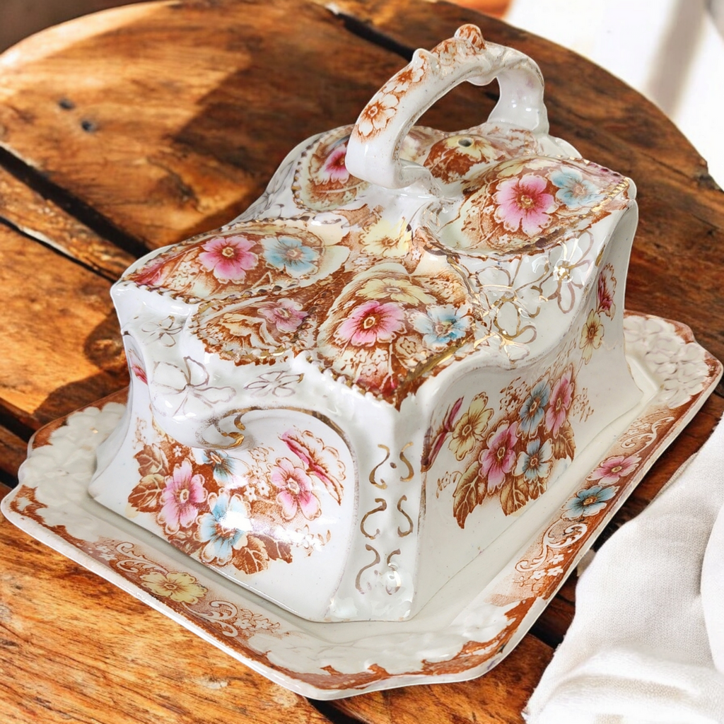 Limoges Porcelain Large Cheese Dome Butter Dish Hand Painted Flowers