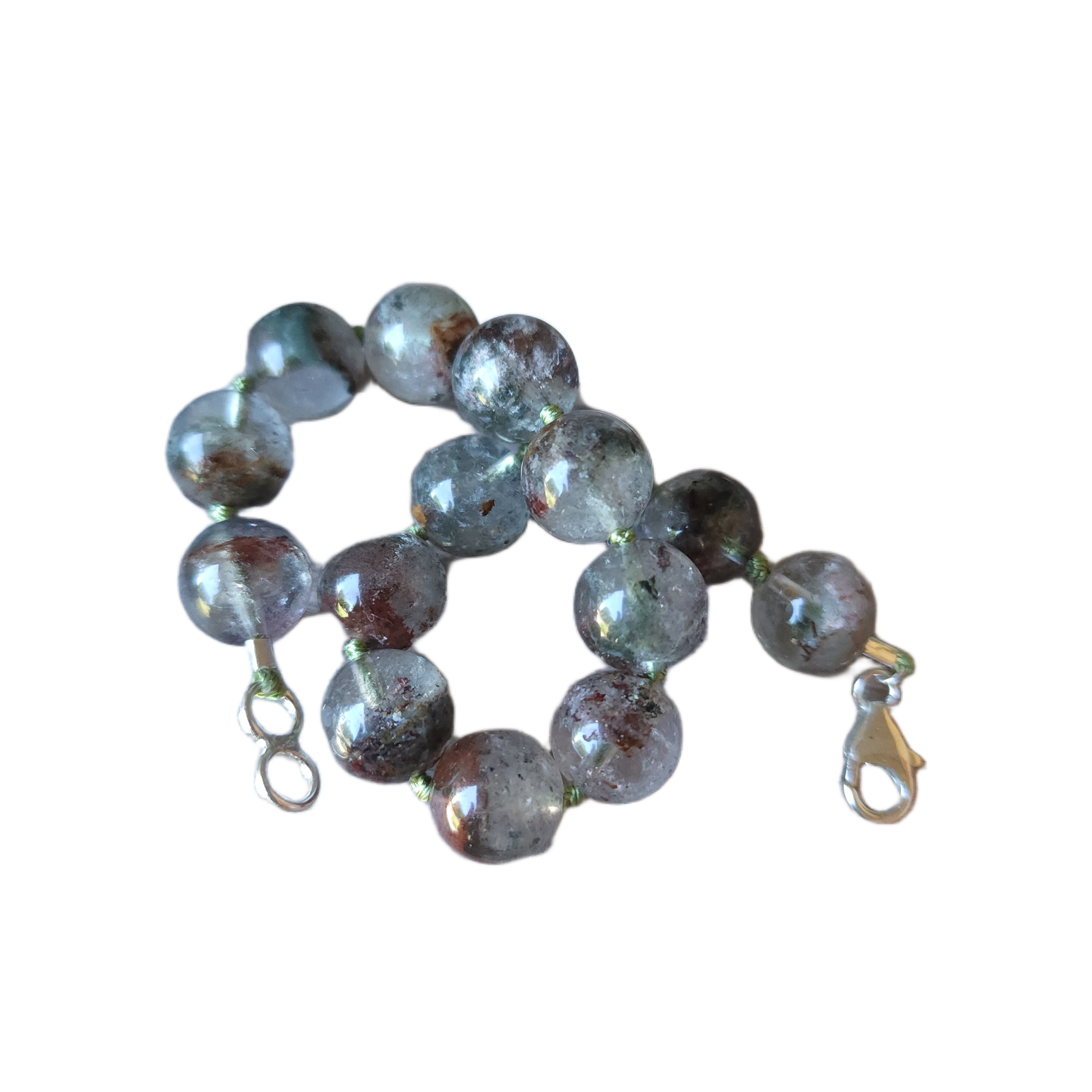 Lodolite Garden Quartz Sterling Silver Knotted Bead Bracelet