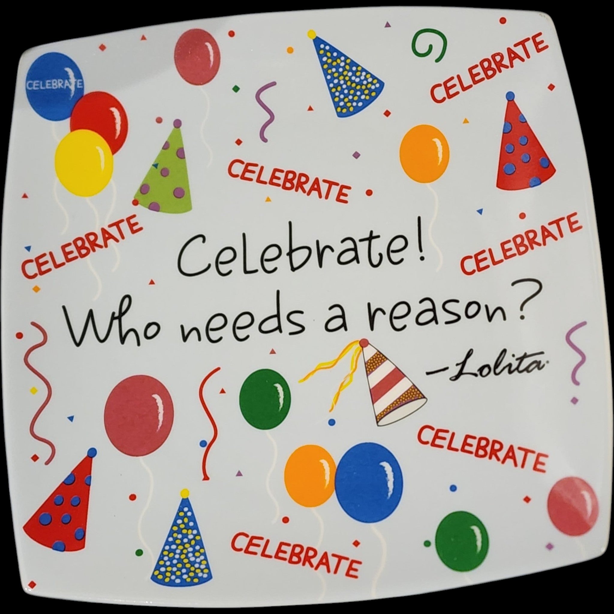 Lolita Designs Celebrate Square Ceramic Party Plate 9 Inch with Original Box