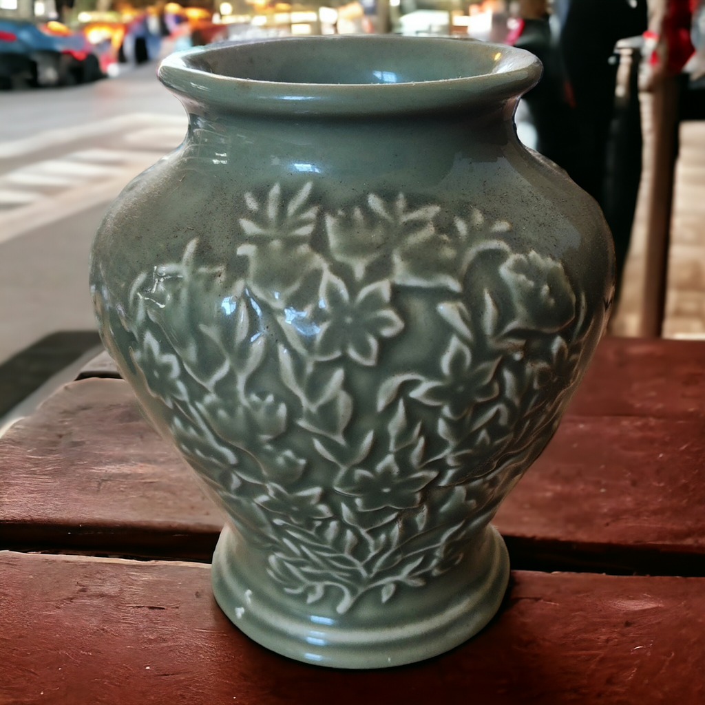 Longaberger Pottery Green Sage Embossed Floral Vase