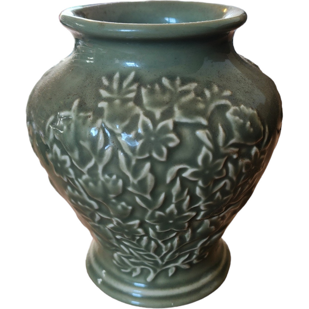 Longaberger Pottery Green Sage Embossed Floral Vase