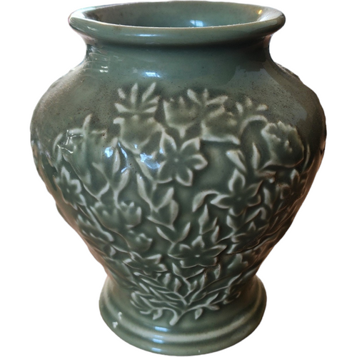 Longaberger Pottery Green Sage Embossed Floral Vase