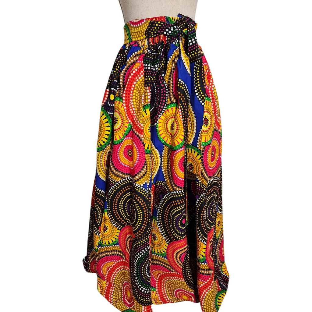 Look At Me! Boho Festival Maxi Skirt Multicolor Tribal Dot Mandala Print | Elastic Waist Tie Front