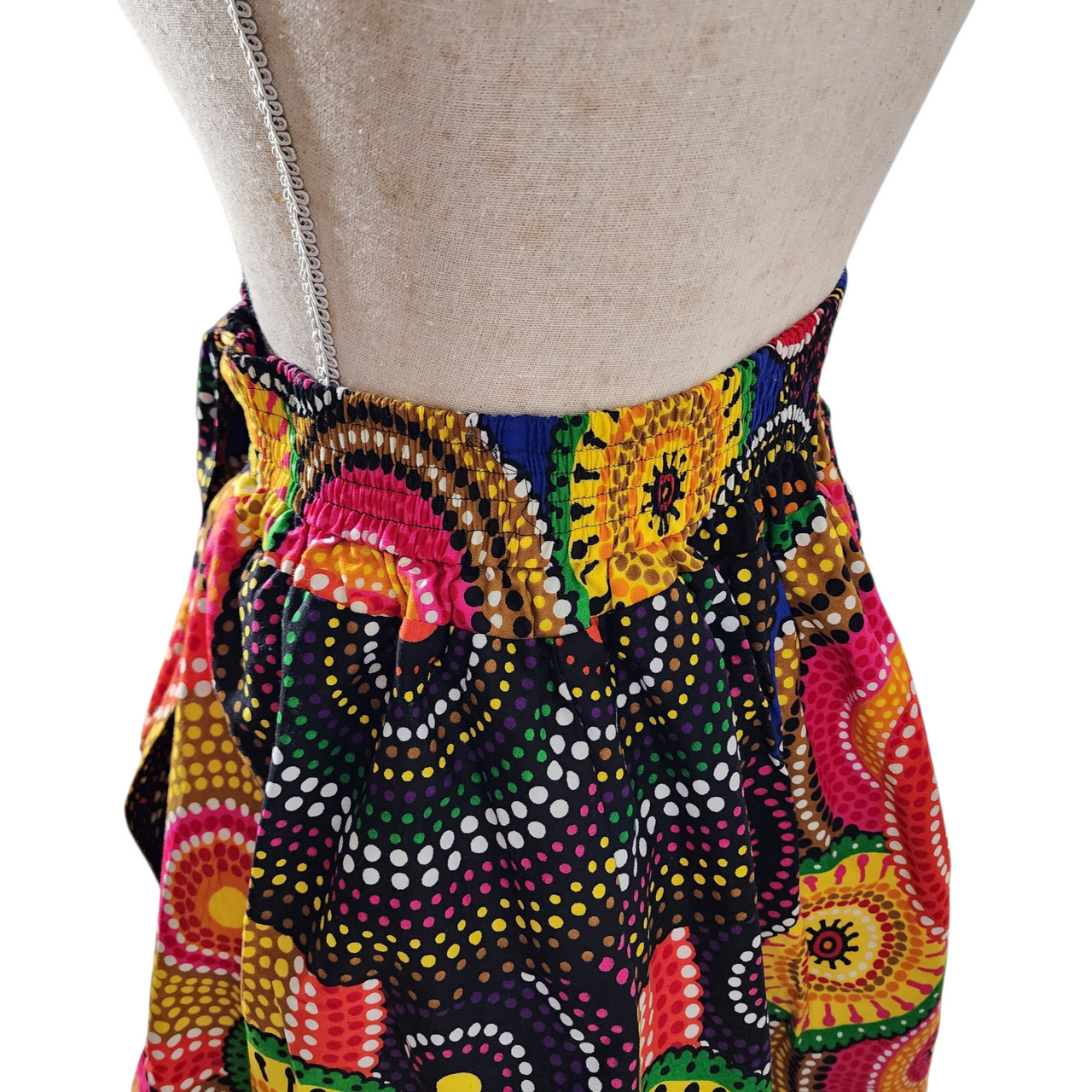 Look At Me! Boho Festival Maxi Skirt Multicolor Tribal Dot Mandala Print | Elastic Waist Tie Front