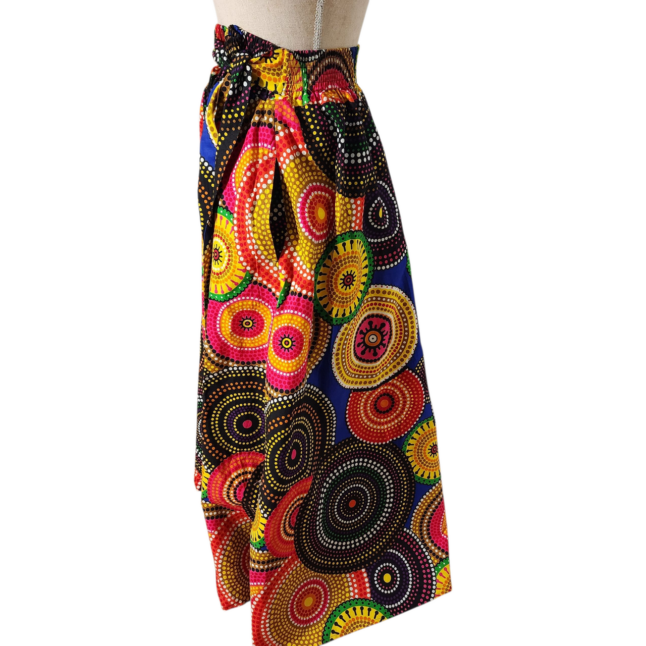 Look At Me! Boho Festival Maxi Skirt Multicolor Tribal Dot Mandala Print | Elastic Waist Tie Front