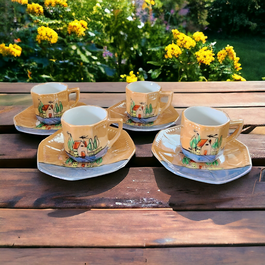 Lustreware House Landscape Bone China Demitasse Tea Cup and Saucer Japan Set of 4