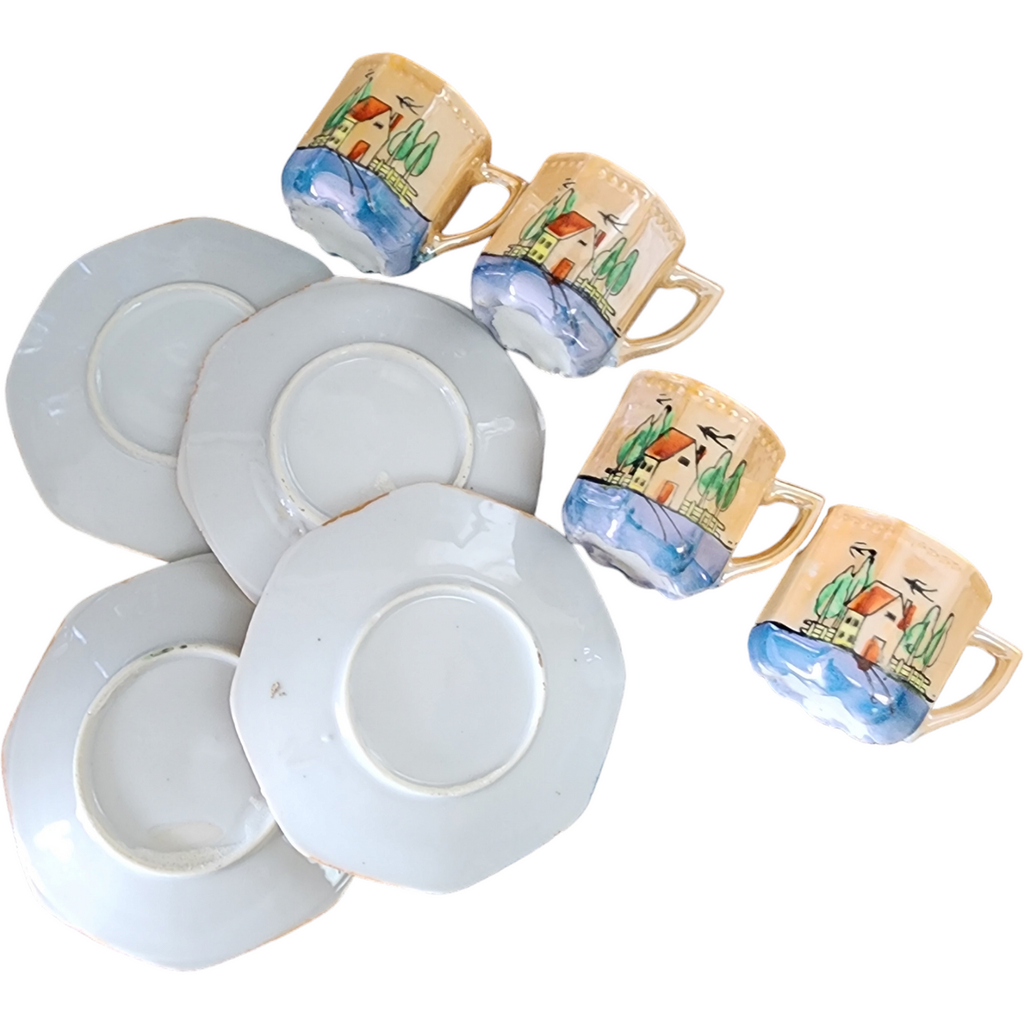 Lustreware House Landscape Bone China Demitasse Tea Cup and Saucer Japan Set of 4