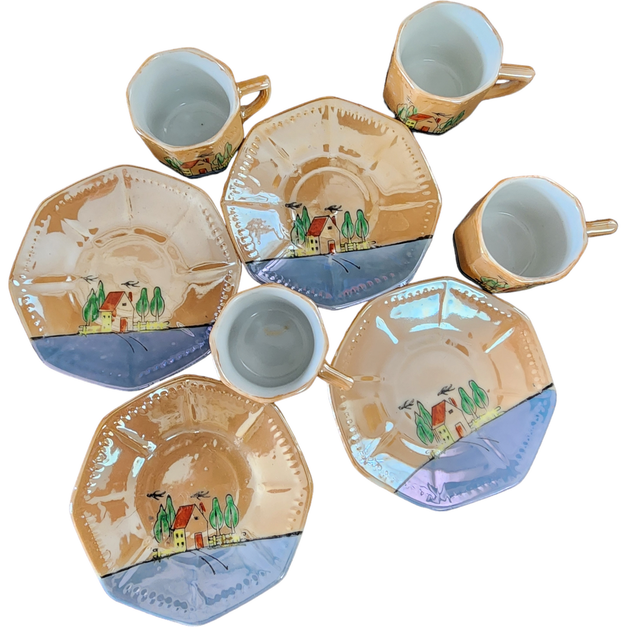 Lustreware House Landscape Bone China Demitasse Tea Cup and Saucer Japan Set of 4