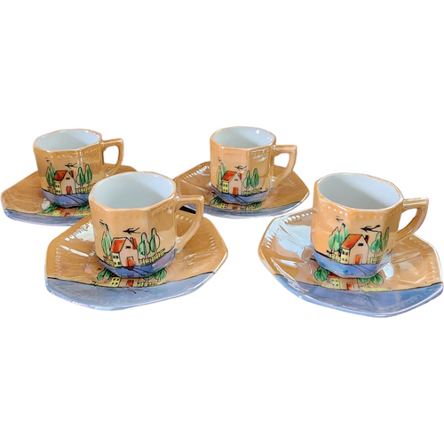 Lustreware House Landscape Bone China Demitasse Tea Cup and Saucer Japan Set of 4