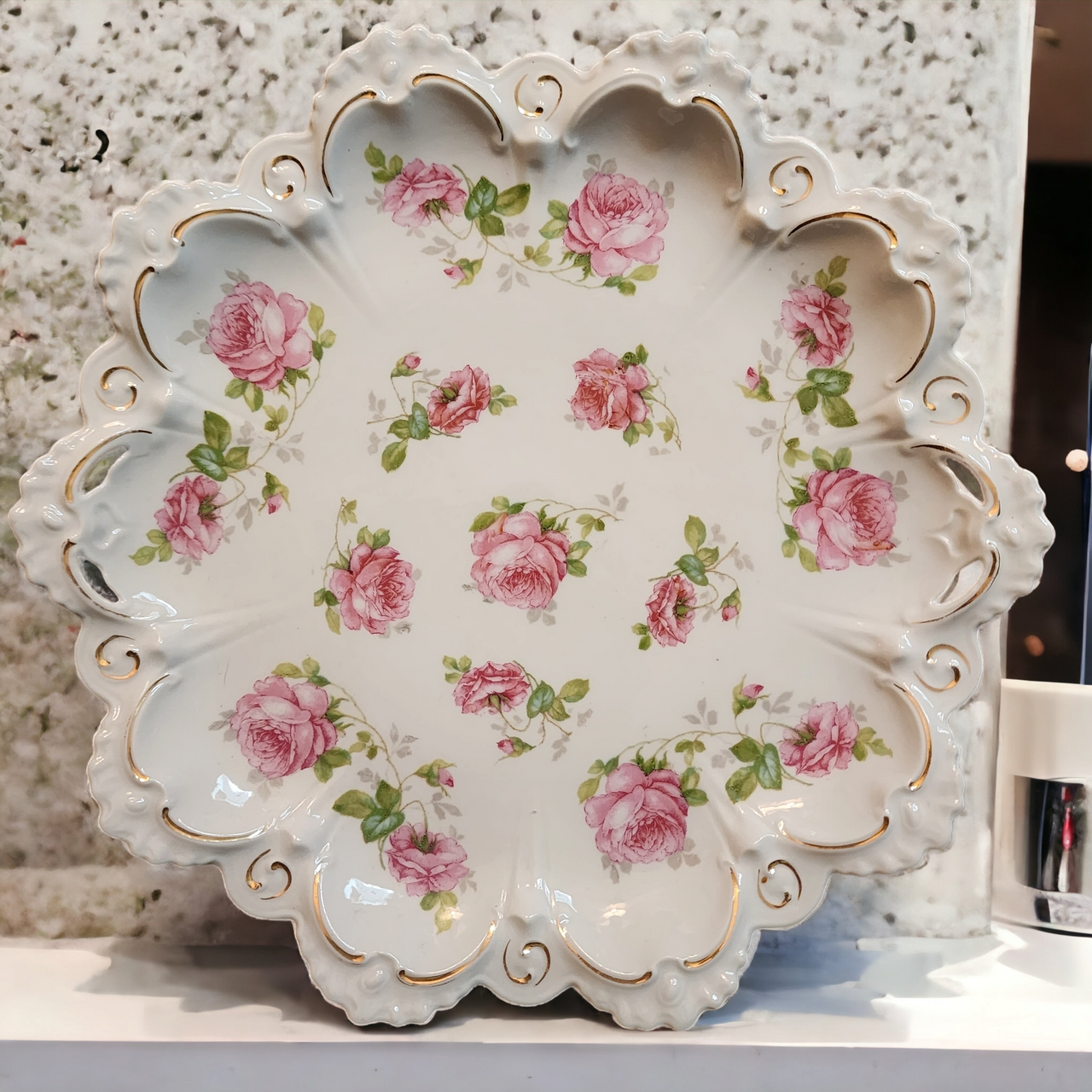 M.Z. Austria Pink & White Roses Hand-Painted Porcelain Oyster Plate