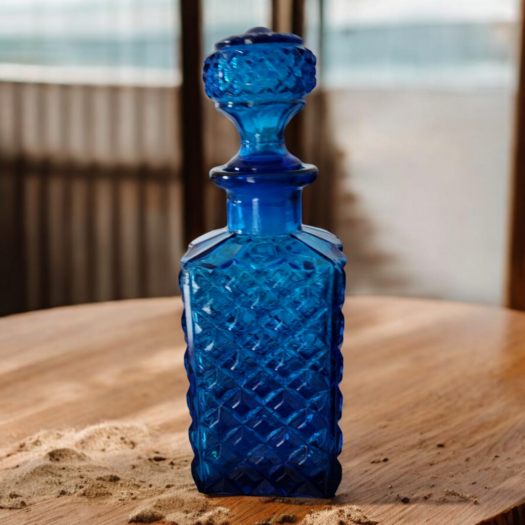 MCM Barware Coblat Blue Pressed Diamond Glass Decanter with Stopper