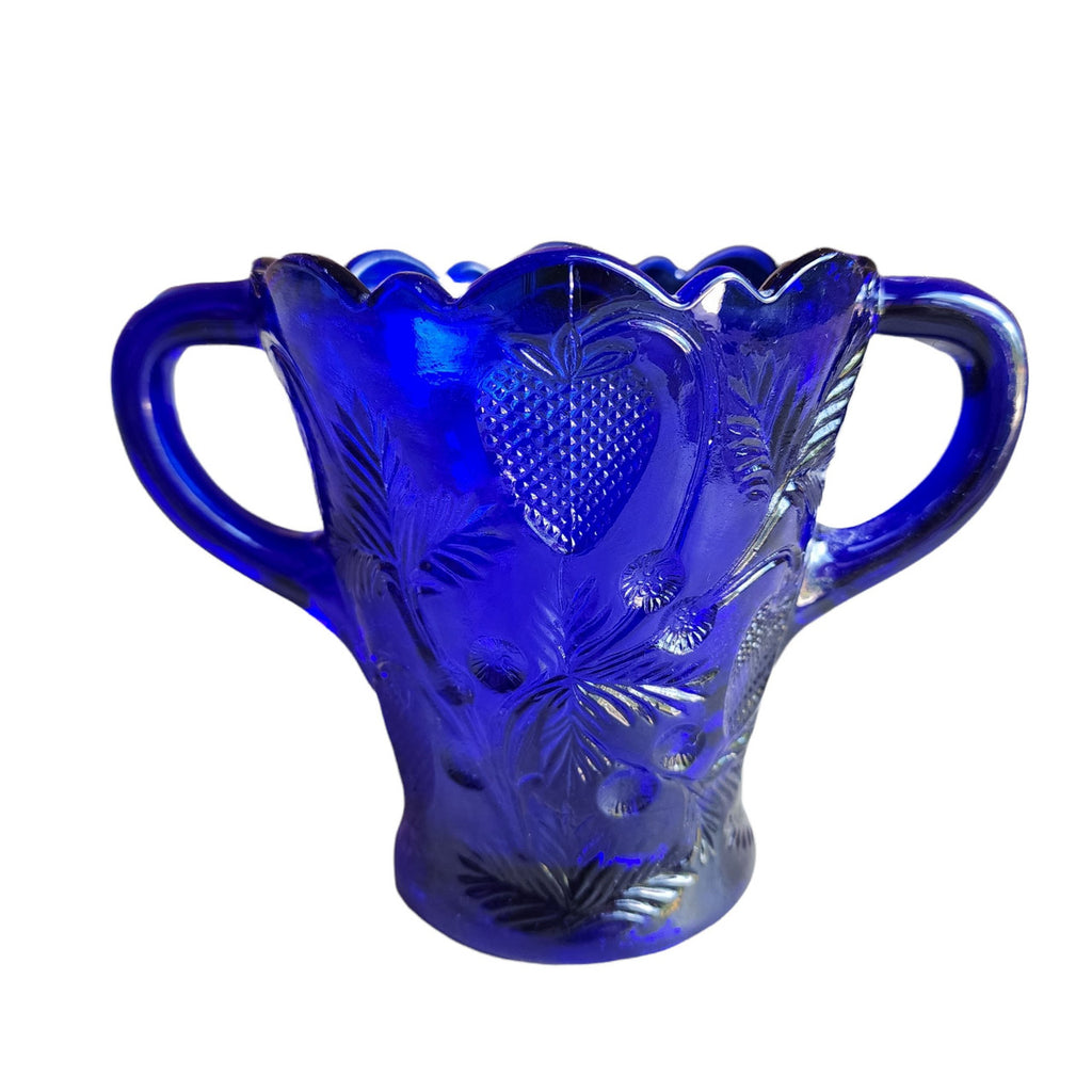 MOSSER OHIO Large Spooner Cobalt Blue Pressed Glass Inverted Strawberry Design Open Sugar