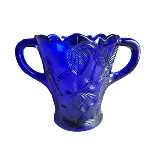 MOSSER OHIO Large Spooner Cobalt Blue Pressed Glass Inverted Strawberry Design Open Sugar